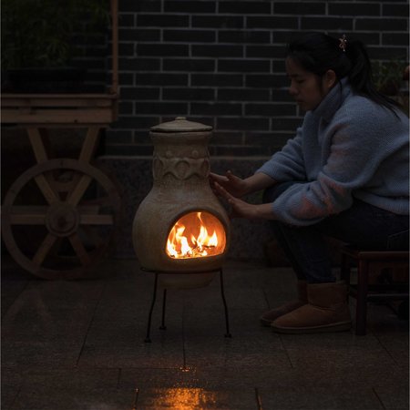 Vintiquewise Outdoor Beige Clay Chimenea Maya Design Fire Pit with Metal Stand QI004350